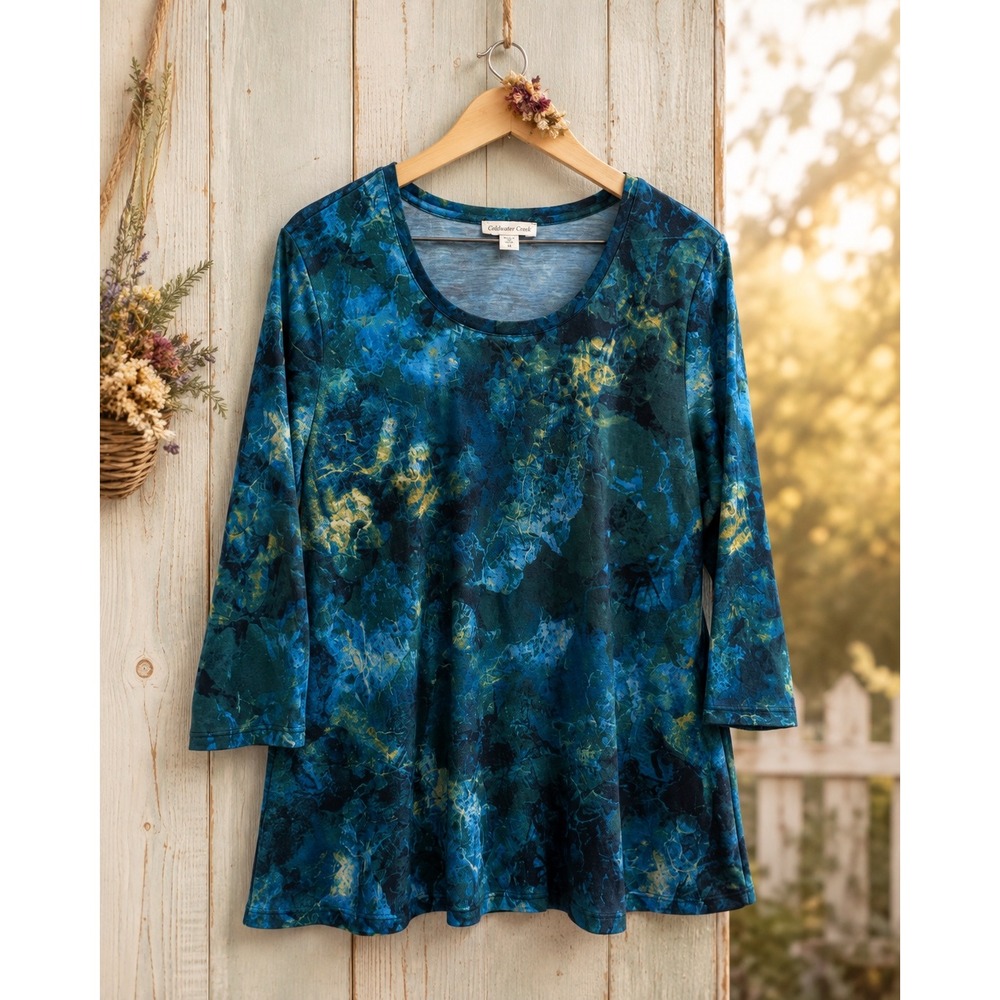 Coldwater Creek Womens 1X 18 Blue Green Abstract Marble 3/4 Sleeve Tunic Top
